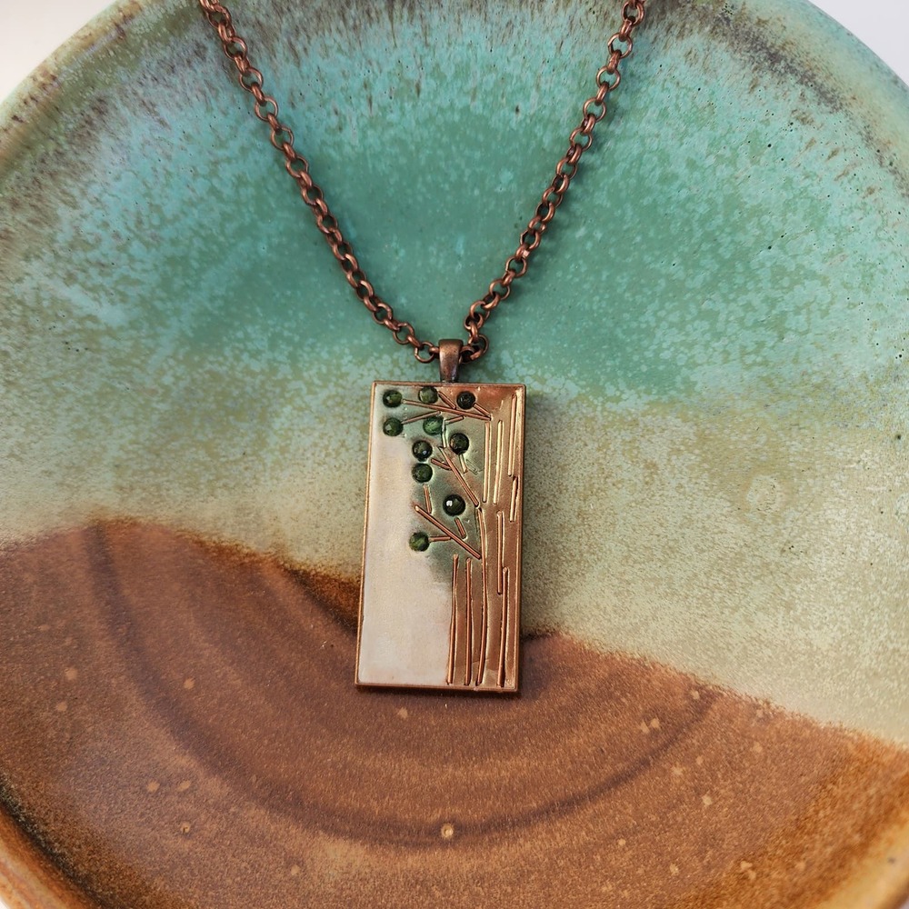 Artisan Green Tourmaline Sculpted Inlay Antique Copper Tree Pendant Necklace